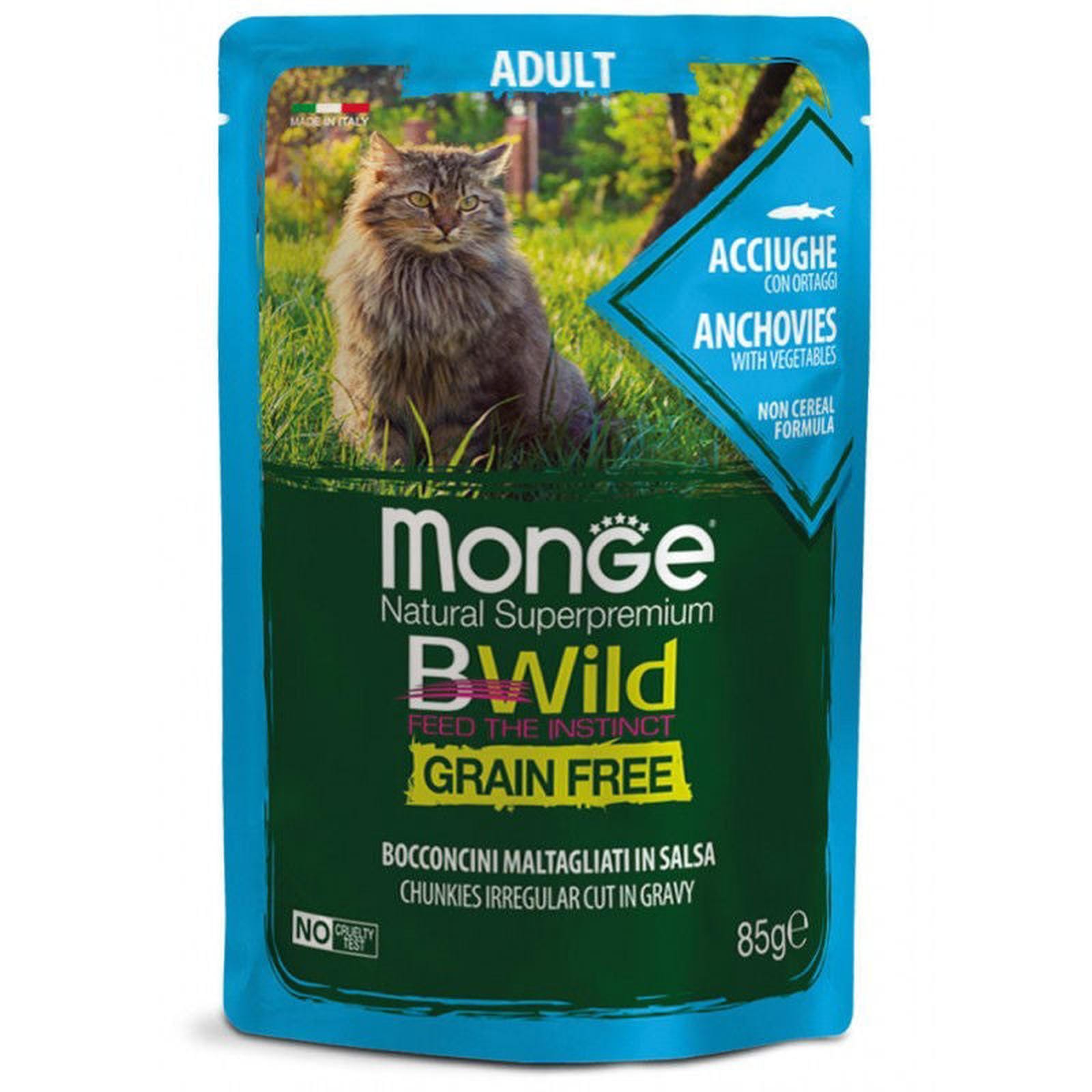 Monge BWild kons. pašaras katėms su ančiuviais ir daržovėmis padaže 85g