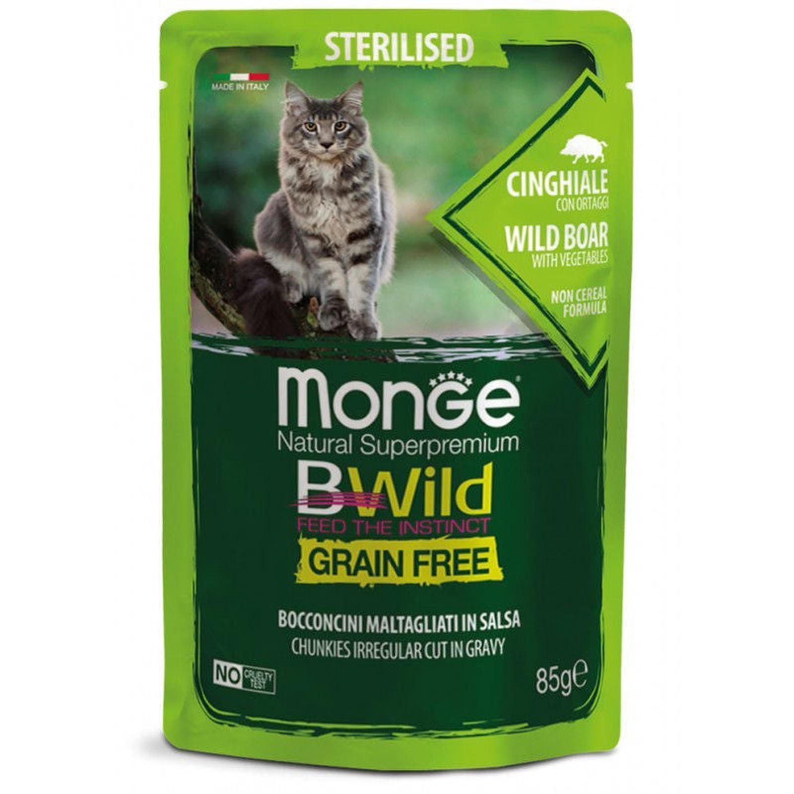 Monge BWild kons. pašaras sterelizuotoms katėms su šerniena ir daržovėmis padaže 85g