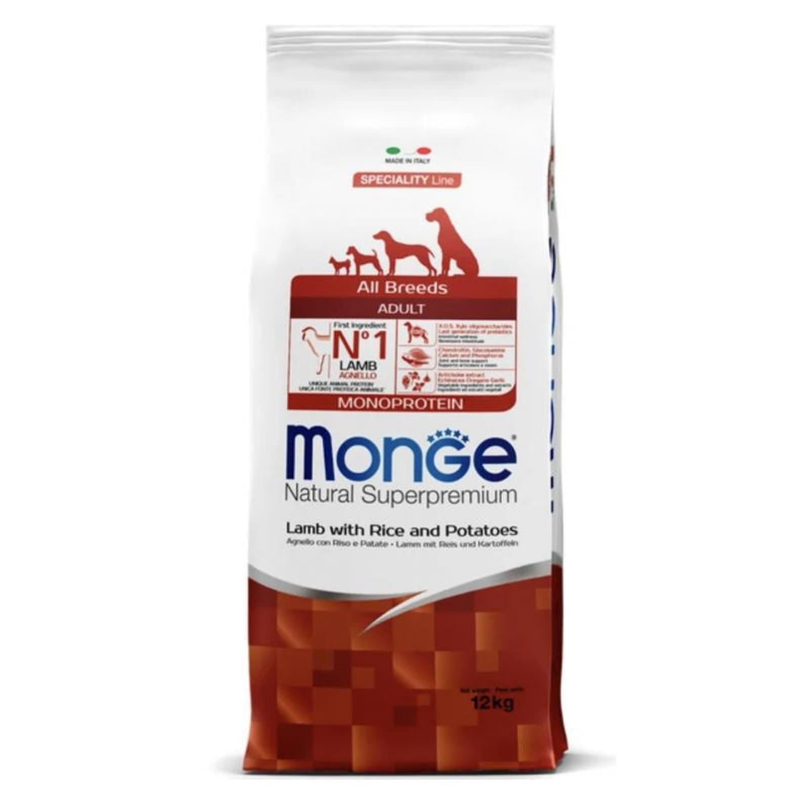 Monge adult sausas pašaras (ėriena, ryžiai, bulvės) 12kg