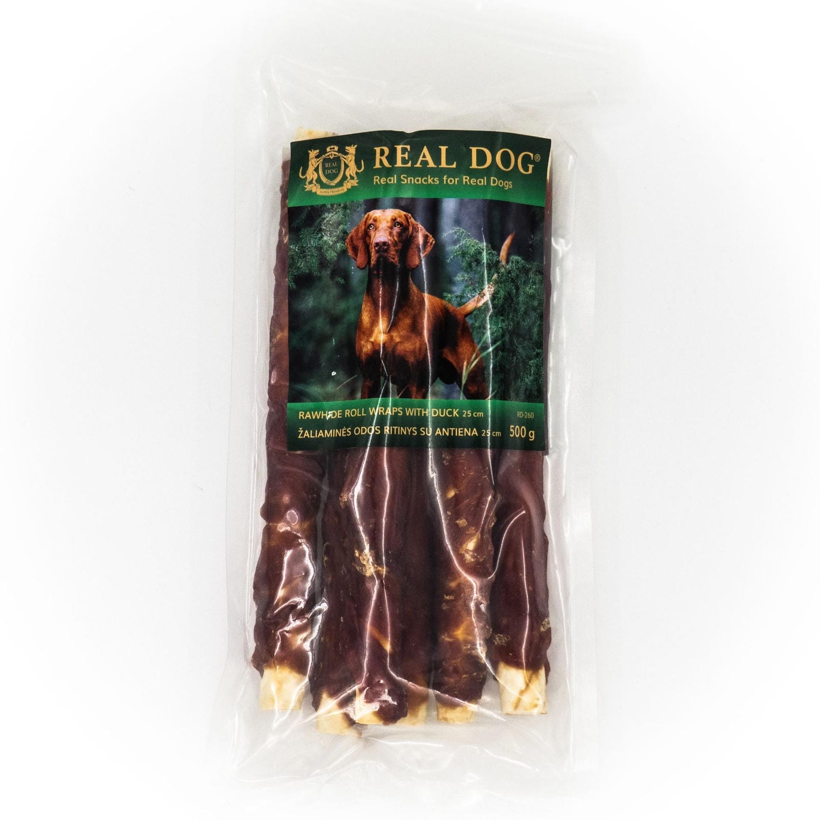 Real Dog SNACKS Žaliaminės odos ritinys su antiena 500g