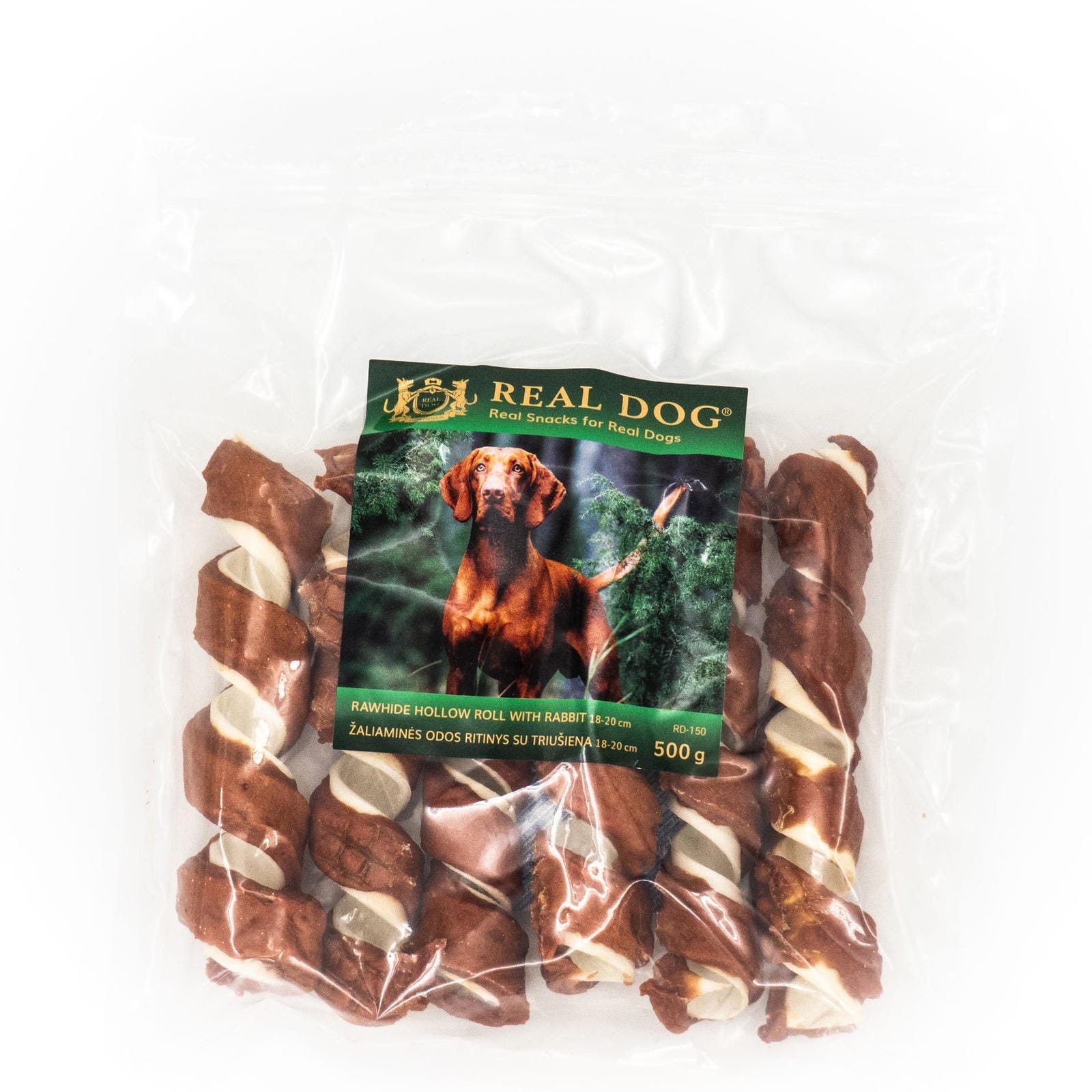 Real Dog SNACKS Žaliaminės odos ritinys su triušiena 18-20cm 500g