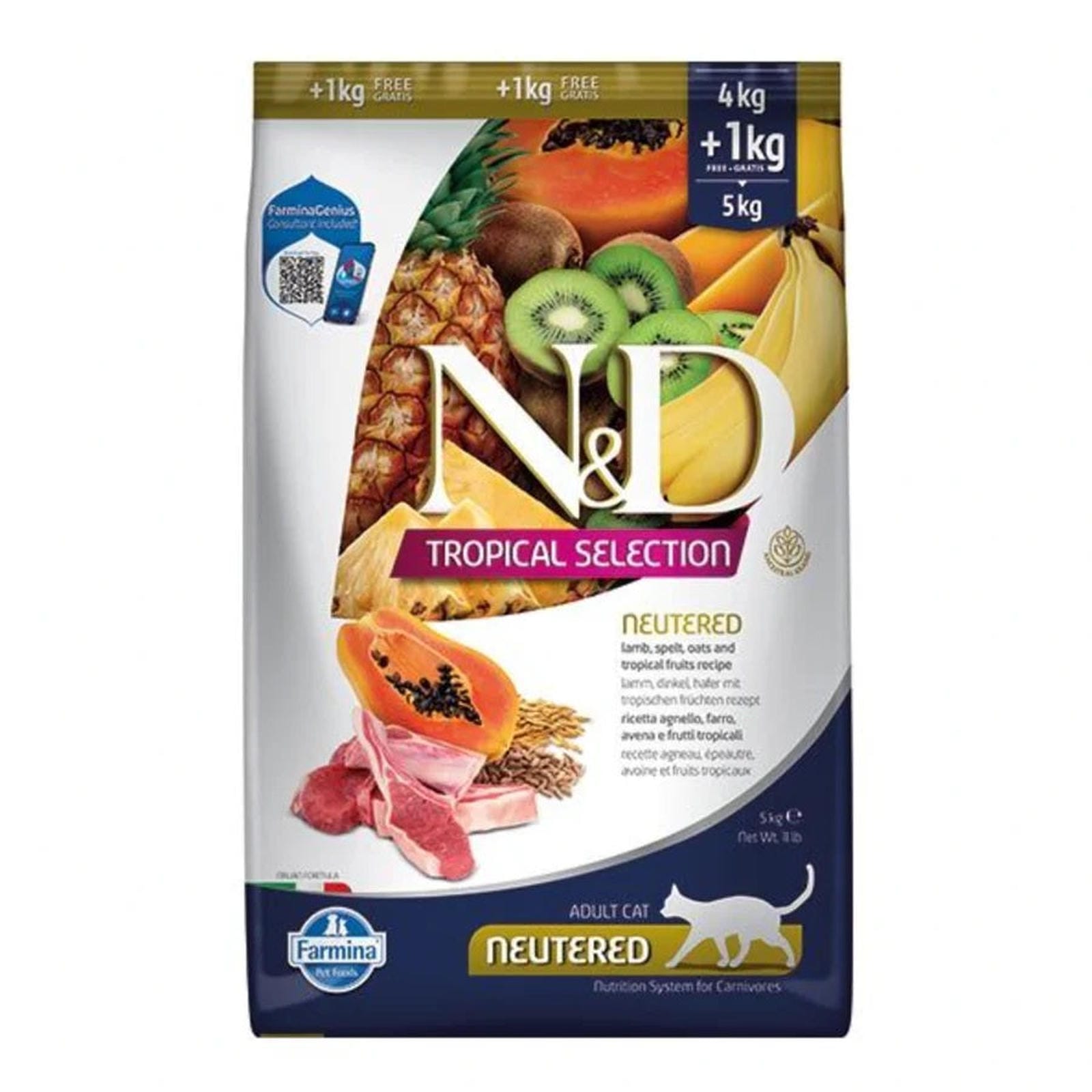 FARMINA N&D TROPICAL SELECTION - CAT Dry Lamb, Spelt, Oats NEUTERED 4+1 kg