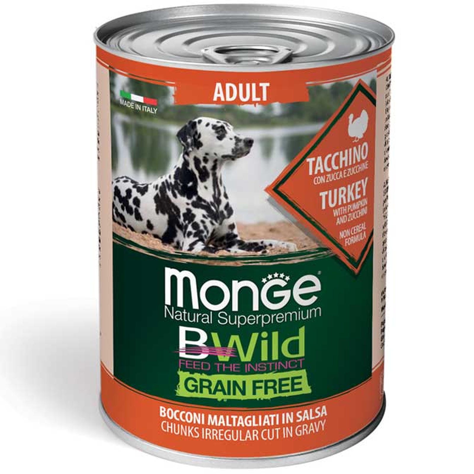 Monge Bwild adult konservuotas pašaras su kalakutiena, moliūgais ir cukinijomis 400g