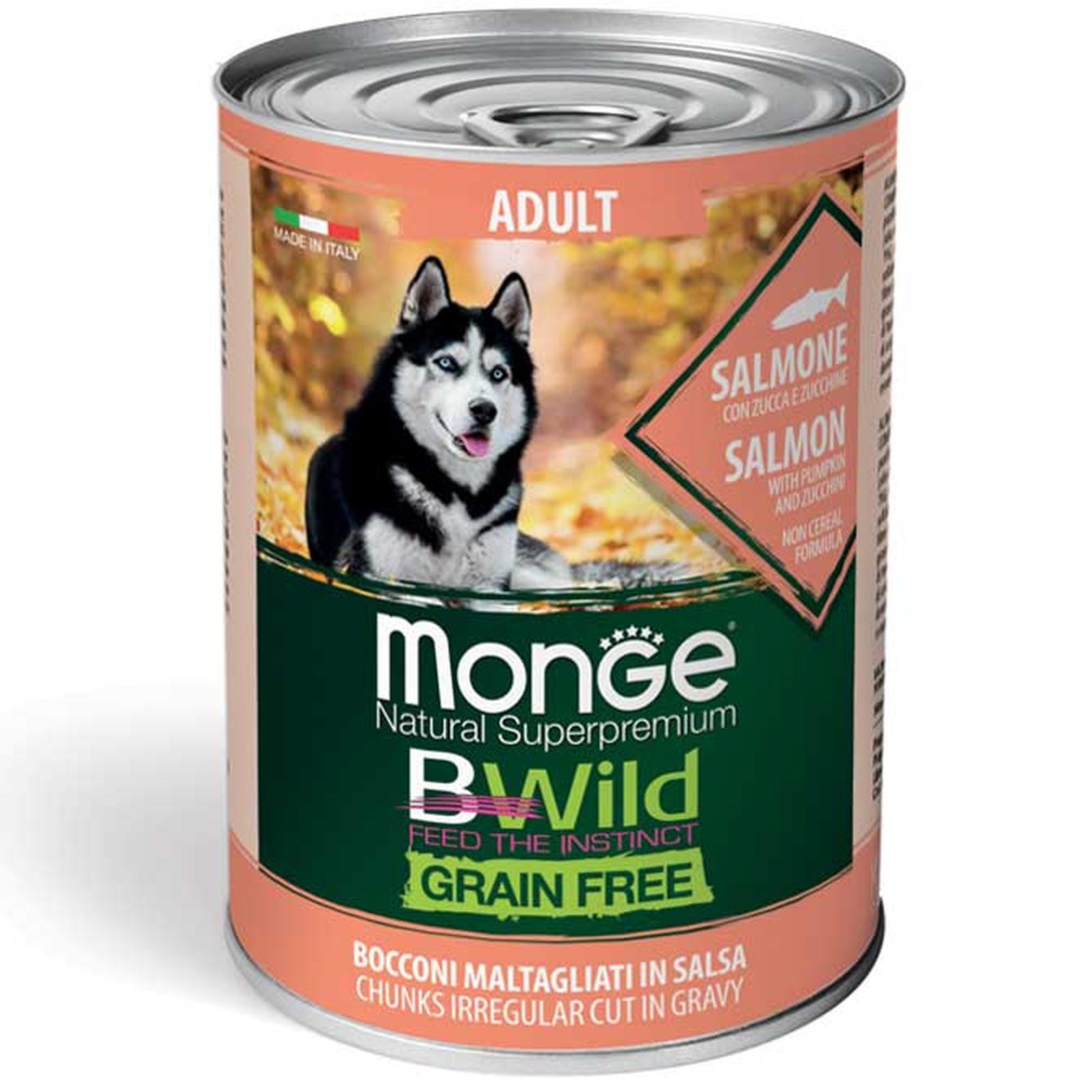 Monge Bwild adult konservuotas pašaras su lašiša, moliūgais ir cukinijomis 400g