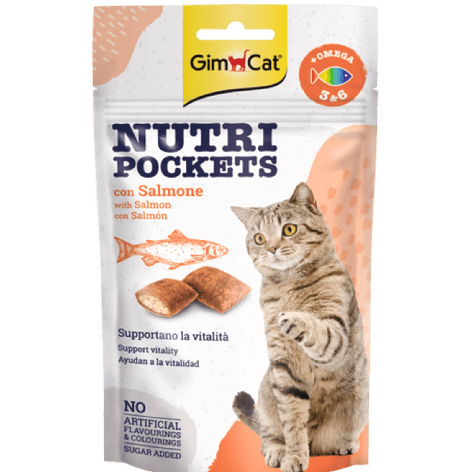 GimCat Nutri Pockets with Salmon & Omega 3&6 skanėstai katėms su Lašiša, Omega 3 ir 6 riebalų rūgštimis 60g