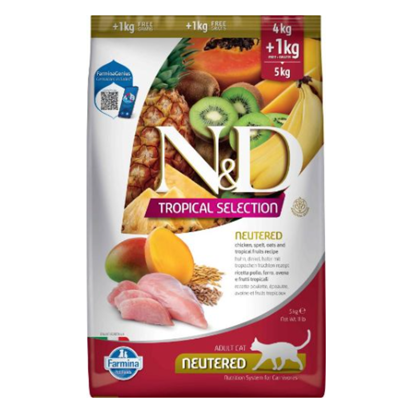 FARMINA N&D TROPICAL SELECTION - CAT Dry Chicken, Spelt, Oats NEUTERED 4+1 kg