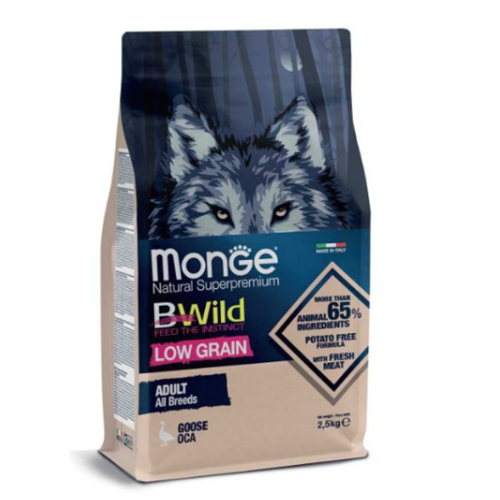 Monge BWild adult sausas pašaras suaugusiems šunims su žąsiena 12kg