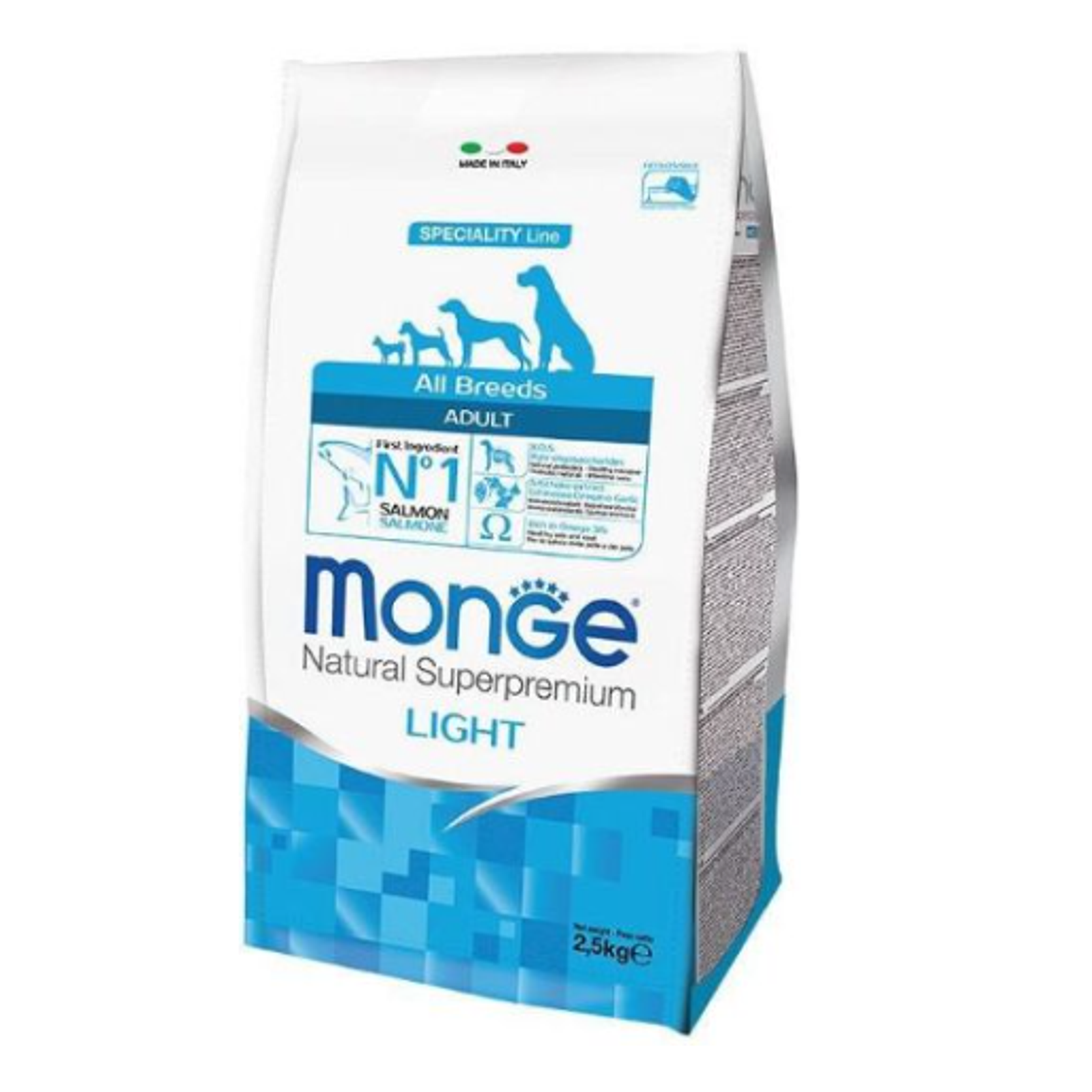 Monge Light adult sausas pašaras suaugusiems šunims su lašiša ir ryžiais 12kg
