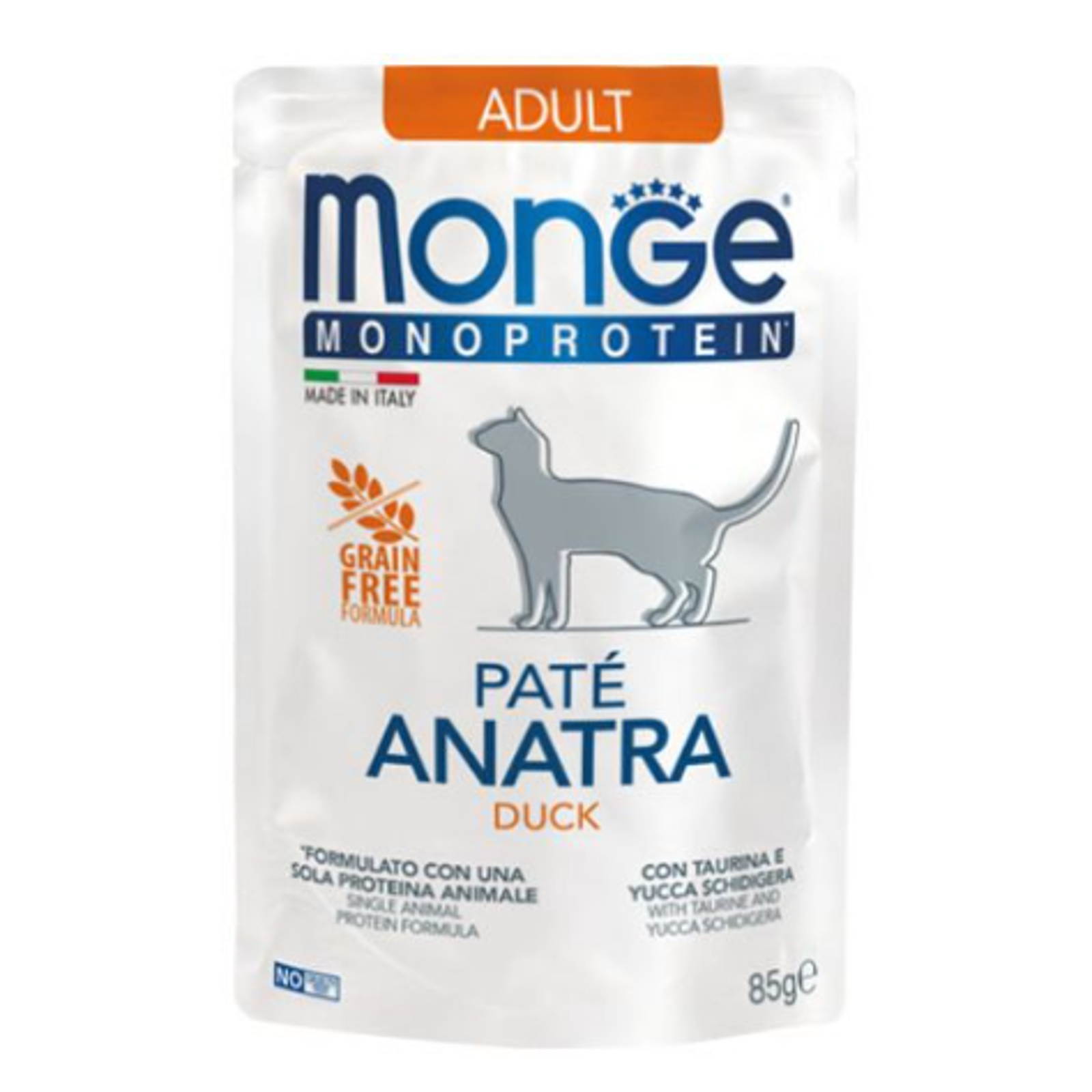 Monge Monoprotein Adult begrūdis konservuotas pašaras katėms su antiena 85g