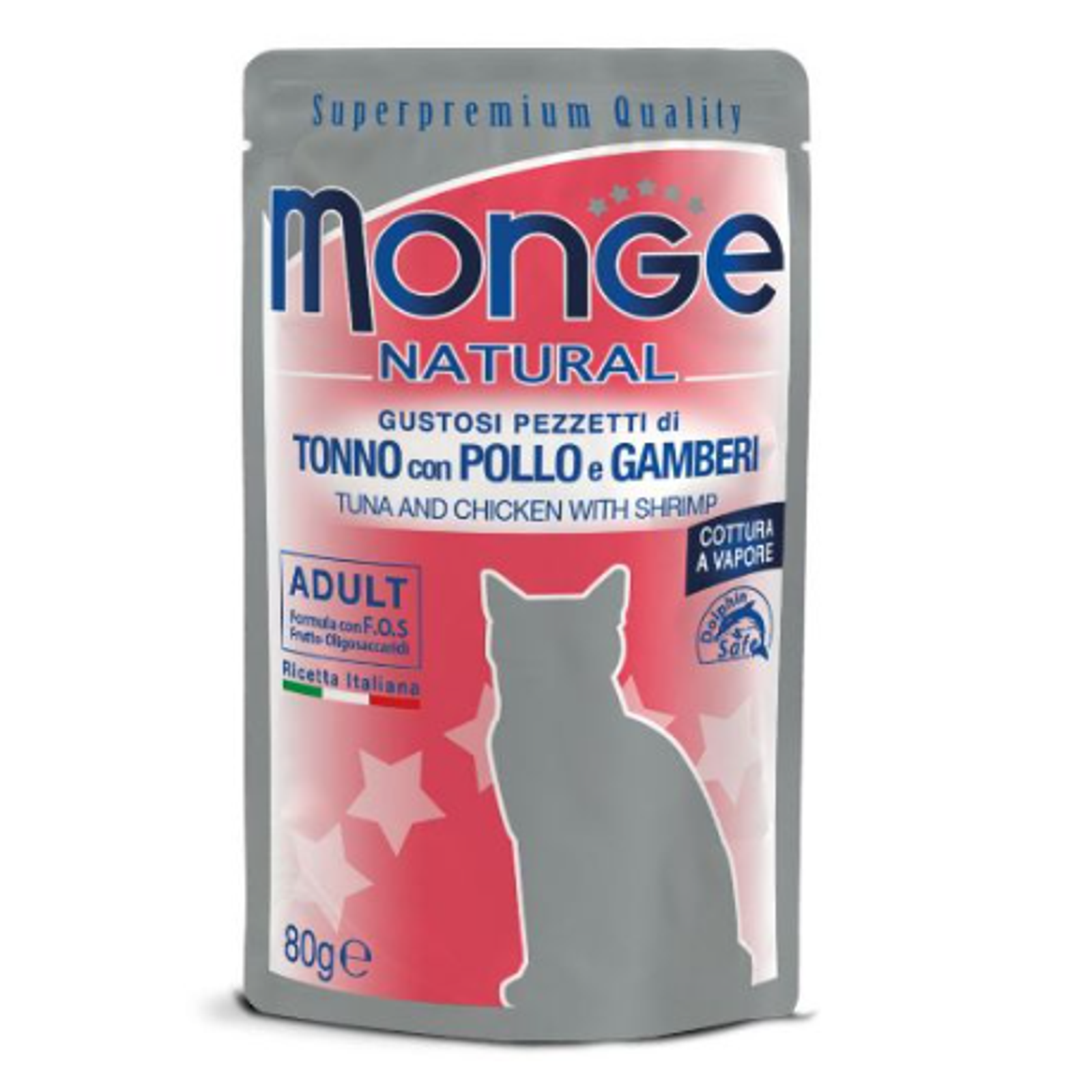 Monge Natural kons. pašaras suaugusioms katėms tuno ir vištienos kąsneliai su krevetėmis želėje 80g