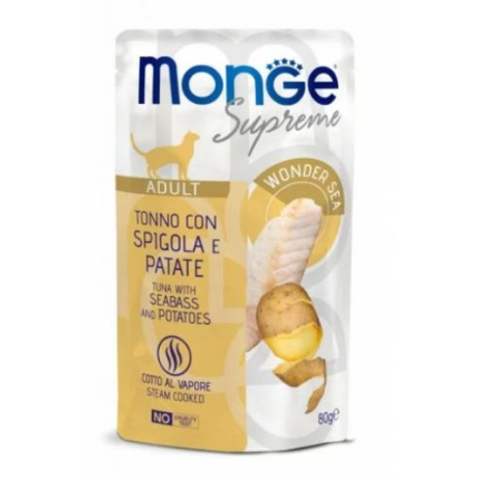 Monge SUPREME - Cat Wet Pouches Tuna with seabass and potatoes - Adult 80g