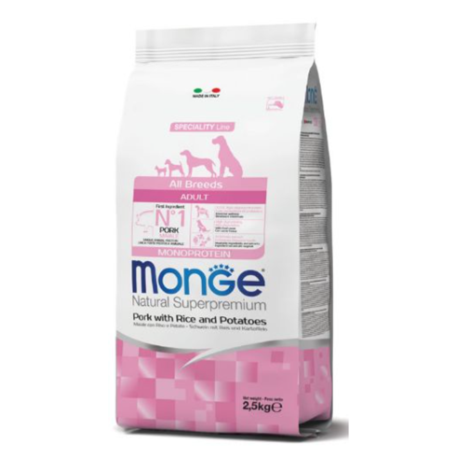 Monge spec. line adult sausas pašaras suaugusiems šunims su kiauliena, ryžiais ir bulvėmis 12kg