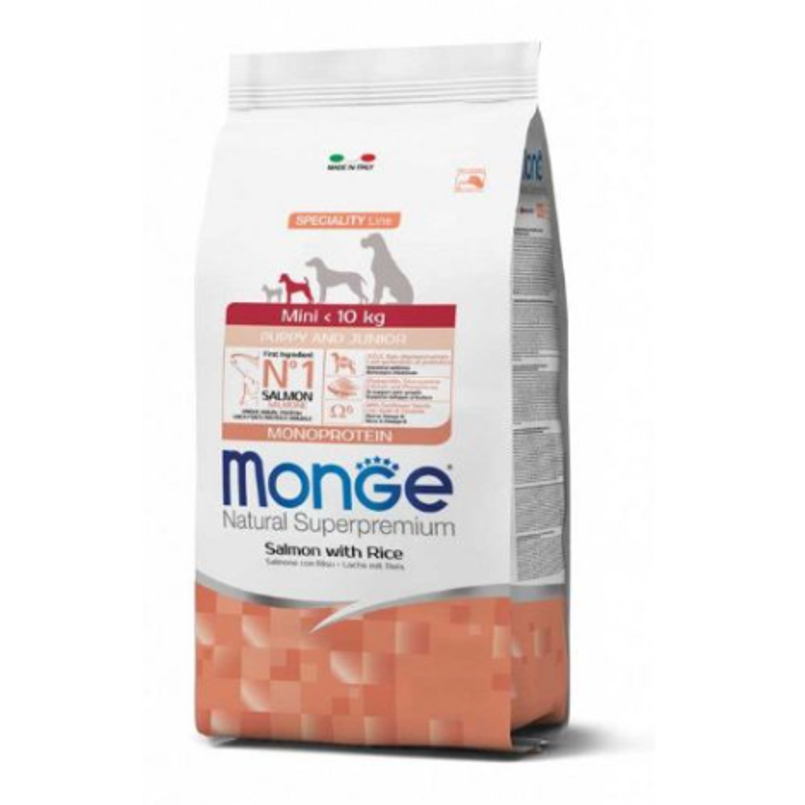 Monge spec.line monoprotein mini Puppy sausas pašaras mažų veislių jauniems šuniukams su lašiša ir ryžiais 7,5kg